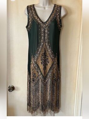 Unique Vintage 1920’s green and gold hand beaded Somerset Flapper dress …